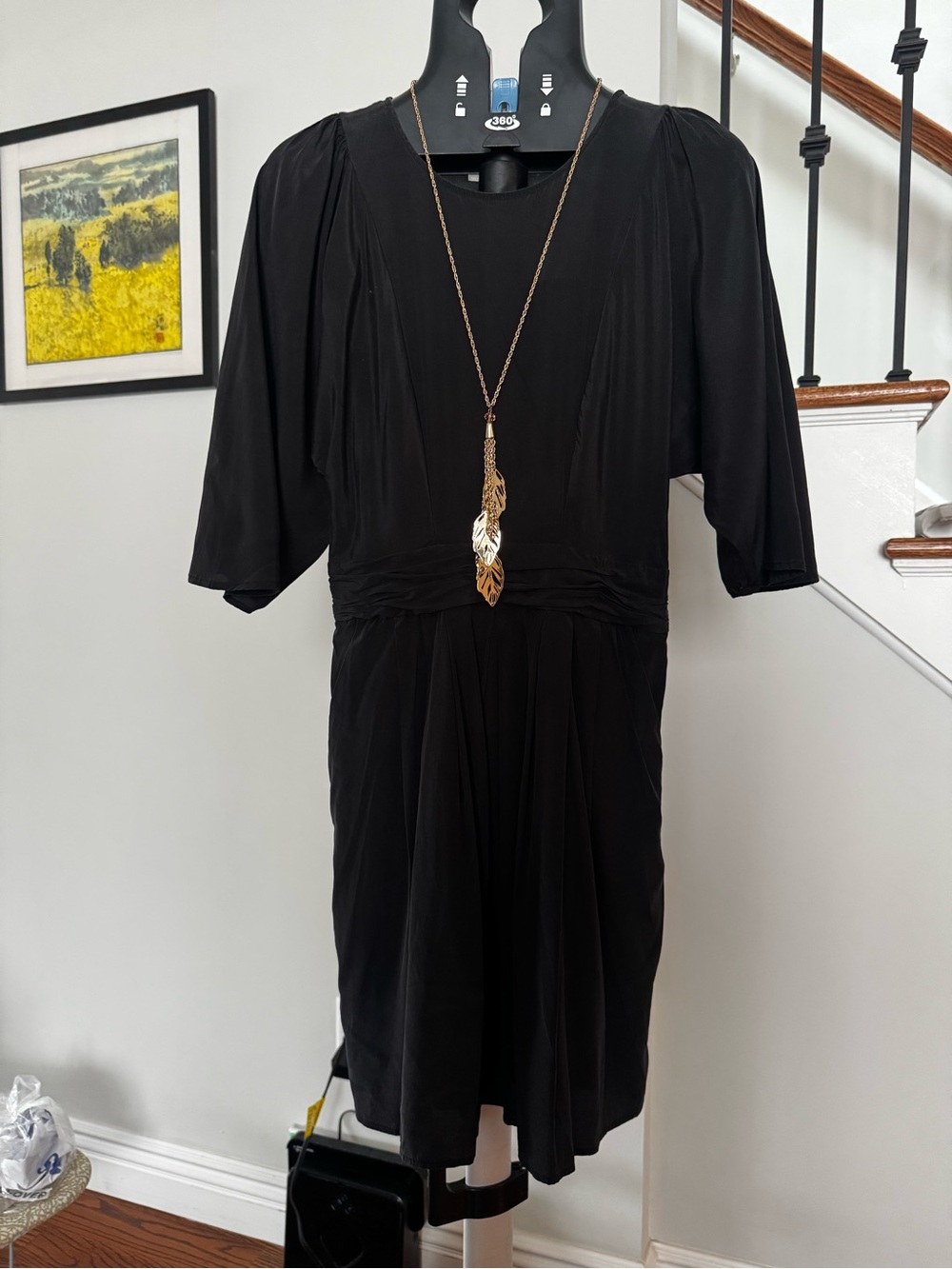 Classic 93% Silk Black Midi Dress with Short Sleeves  Size 36